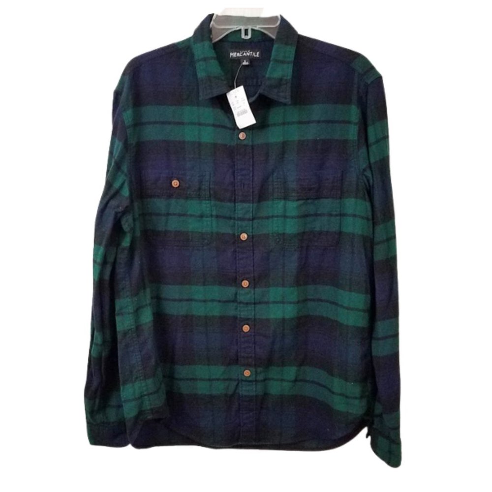J. CREW Mercantile Blue Green & Black Plaid Button-Down Shirt - Men's Size L